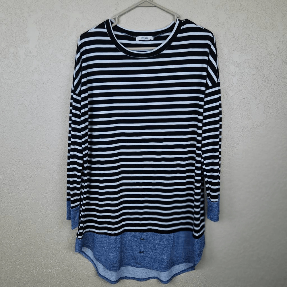 Eloges Black and White Striped Oversized Shift Dress with Blue Trim Large (7026)